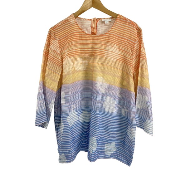 J Jill Love Linen Shirt Womens Large Stripe Floral Lightweight Button Up Top - Picture 1 of 12